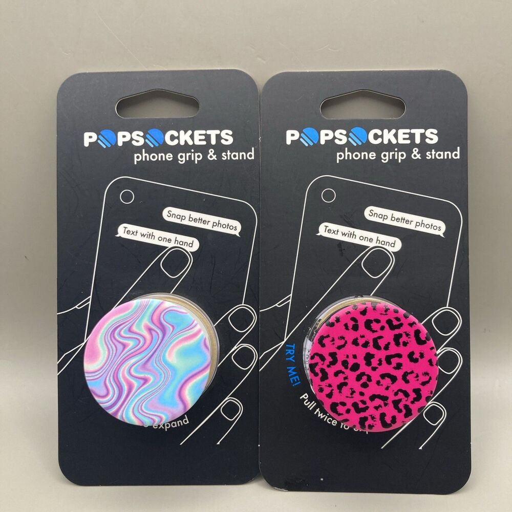 PopSockets Universal Phone Grip, Stand & Holder 2 Set Pink Leopard & Holographic